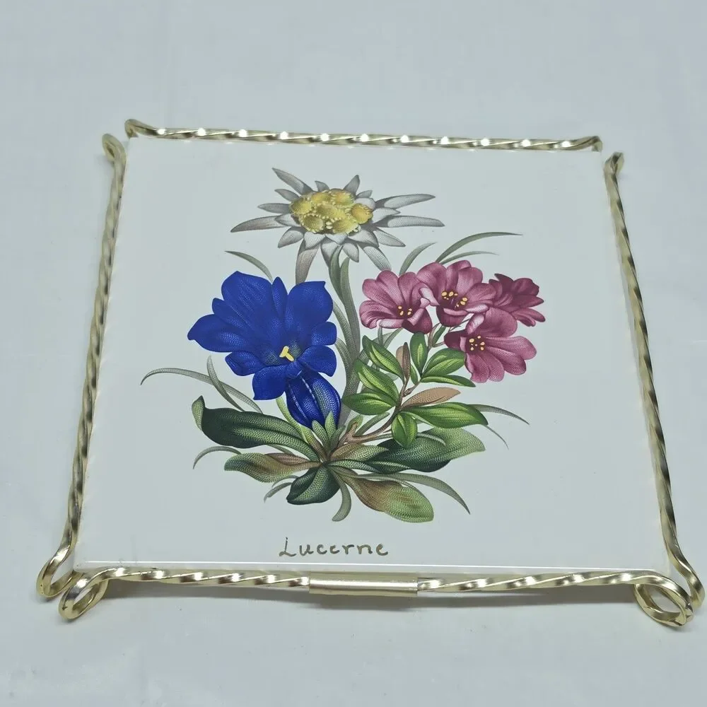 Vintage Floral Ceramic Tile Trivet Stand Coaster France Gold Toneetal Frame Boho